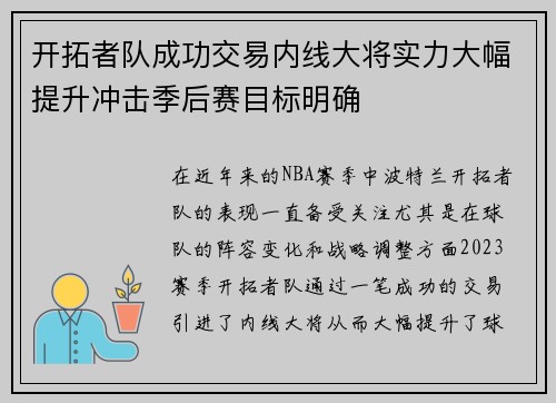开拓者队成功交易内线大将实力大幅提升冲击季后赛目标明确
